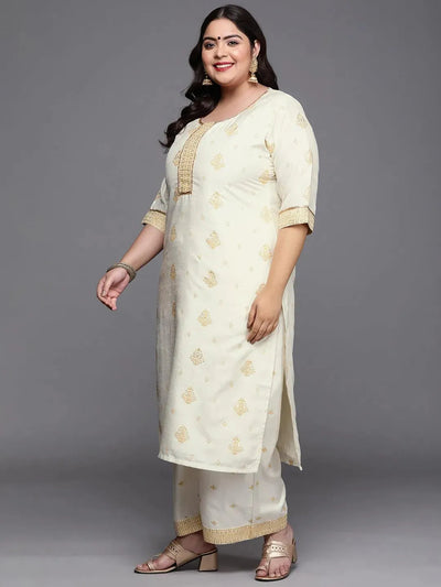 Plus Size Cream Printed Silk Blend Suit Set - Libas