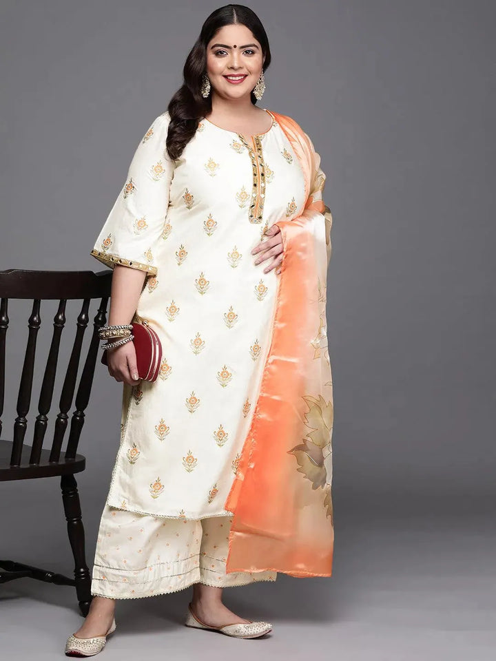 Plus Size Cream Printed Silk Blend Suit Set - Libas