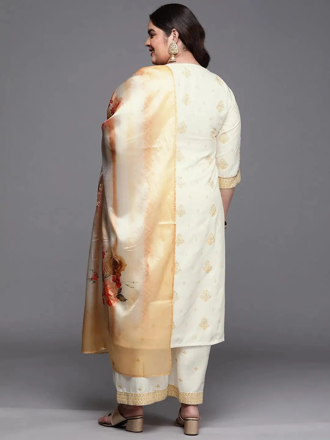 Plus Size Cream Printed Silk Blend Suit Set - Libas 