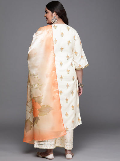 Plus Size Cream Printed Silk Blend Suit Set - Libas