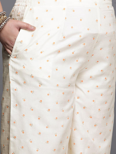 Plus Size Cream Printed Silk Blend Suit Set - Libas