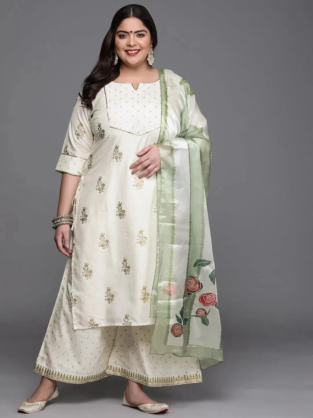 Plus Size Cream Yoke Design Silk Blend Suit Set - Libas