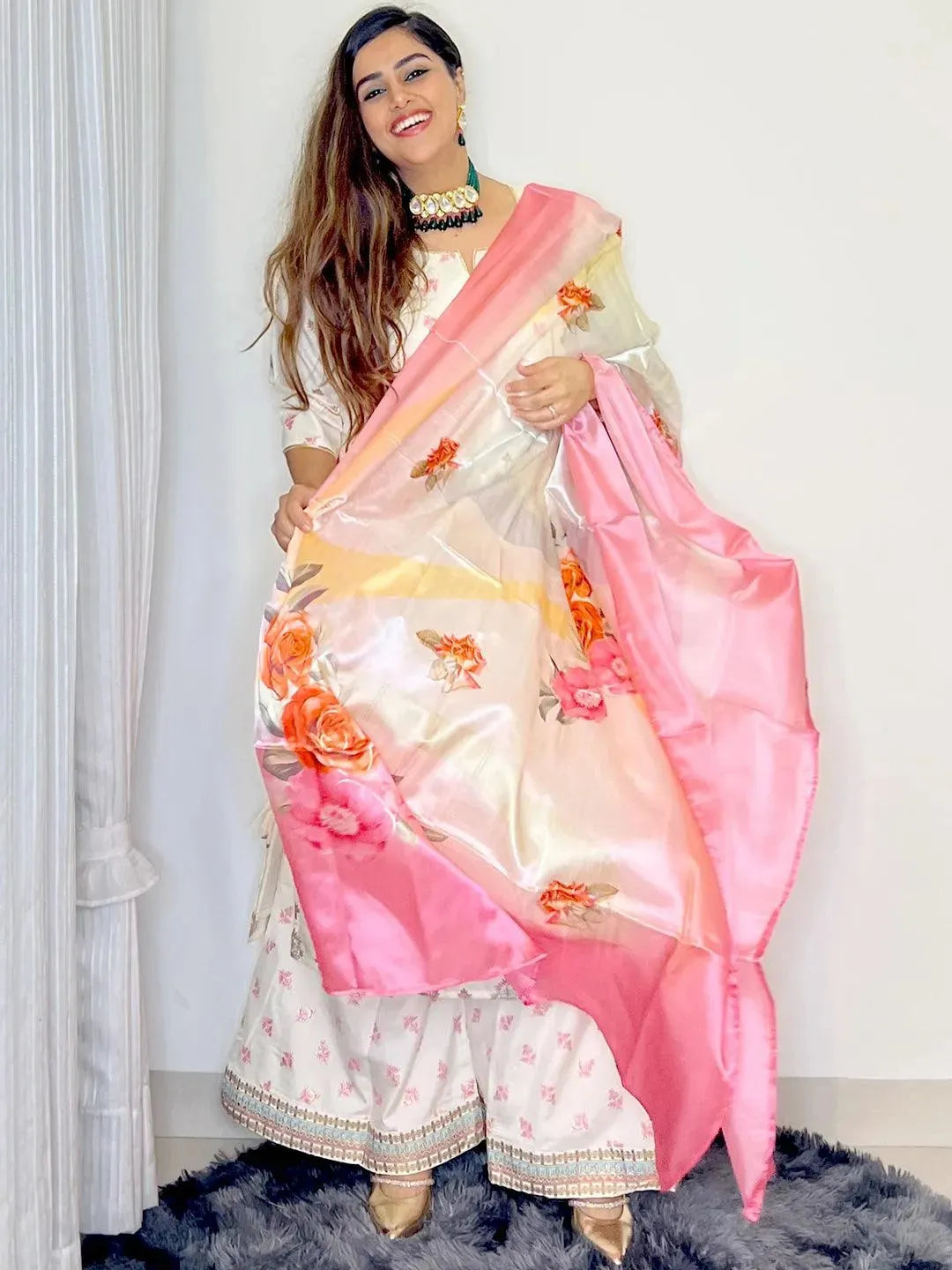Plus Size Cream Yoke Design Silk Blend Suit Set - Libas 