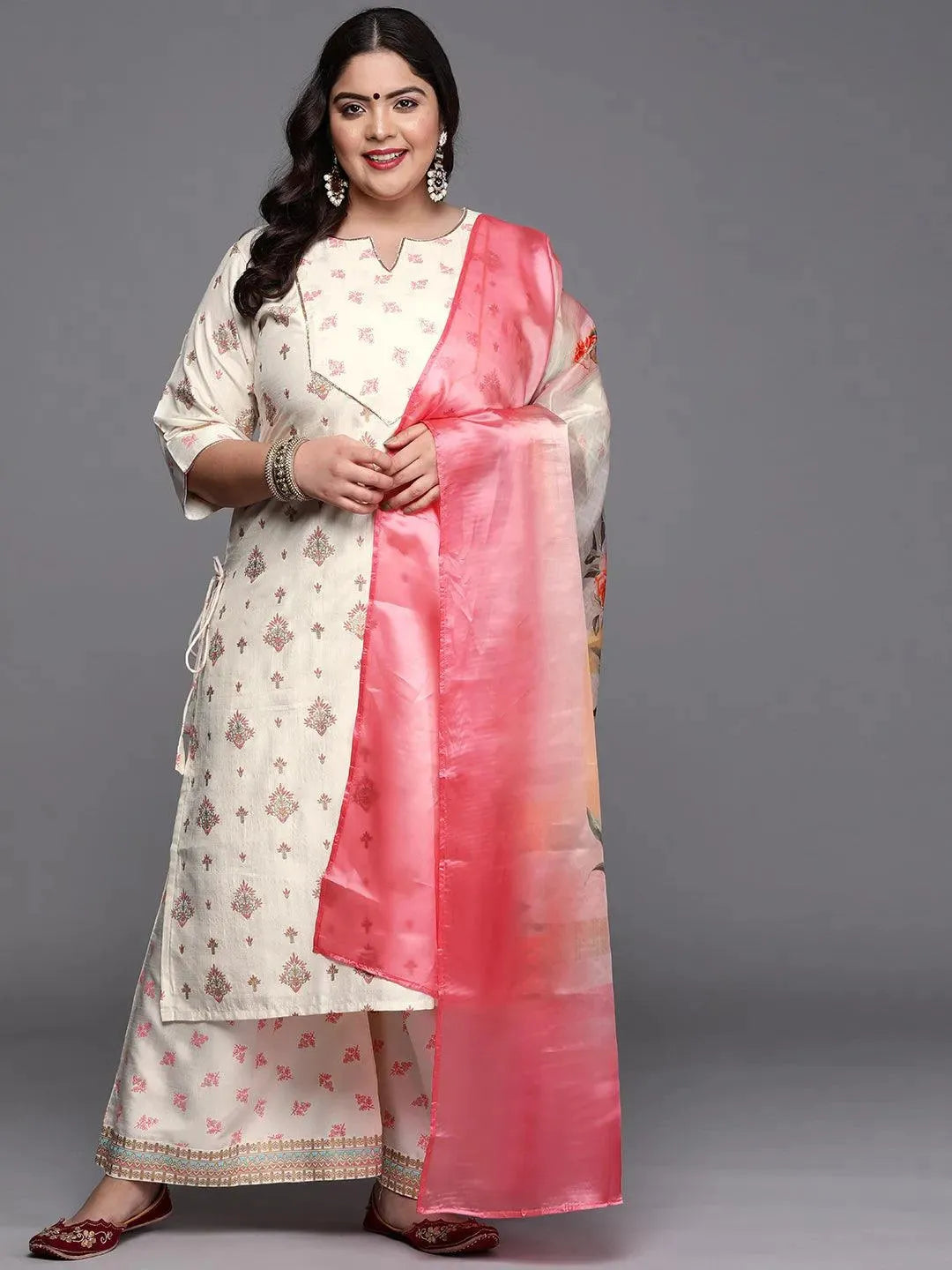 Plus Size Cream Yoke Design Silk Blend Suit Set - Libas 