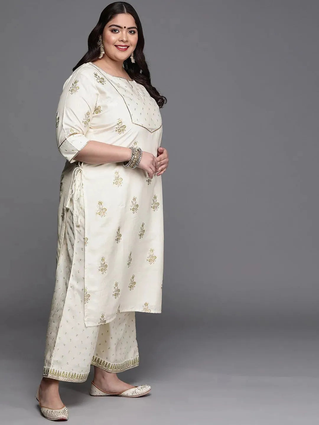 Plus Size Cream Yoke Design Silk Blend Suit Set - Libas 