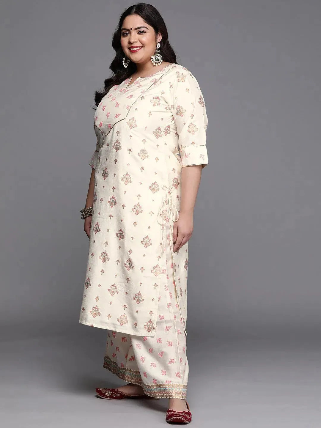 Plus Size Cream Yoke Design Silk Blend Suit Set - Libas 