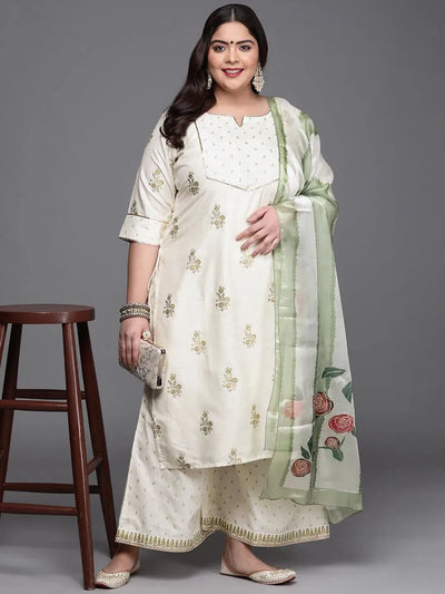 Plus Size Cream Yoke Design Silk Blend Suit Set - Libas