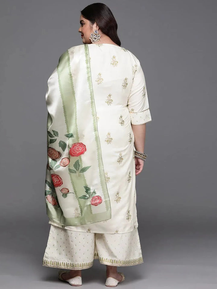 Plus Size Cream Yoke Design Silk Blend Suit Set - Libas