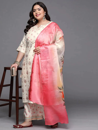 Plus Size Cream Yoke Design Silk Blend Suit Set - Libas