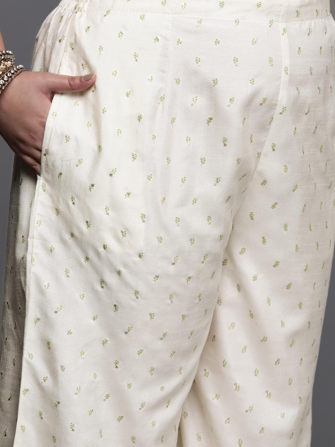 Plus Size Cream Yoke Design Silk Blend Suit Set - Libas