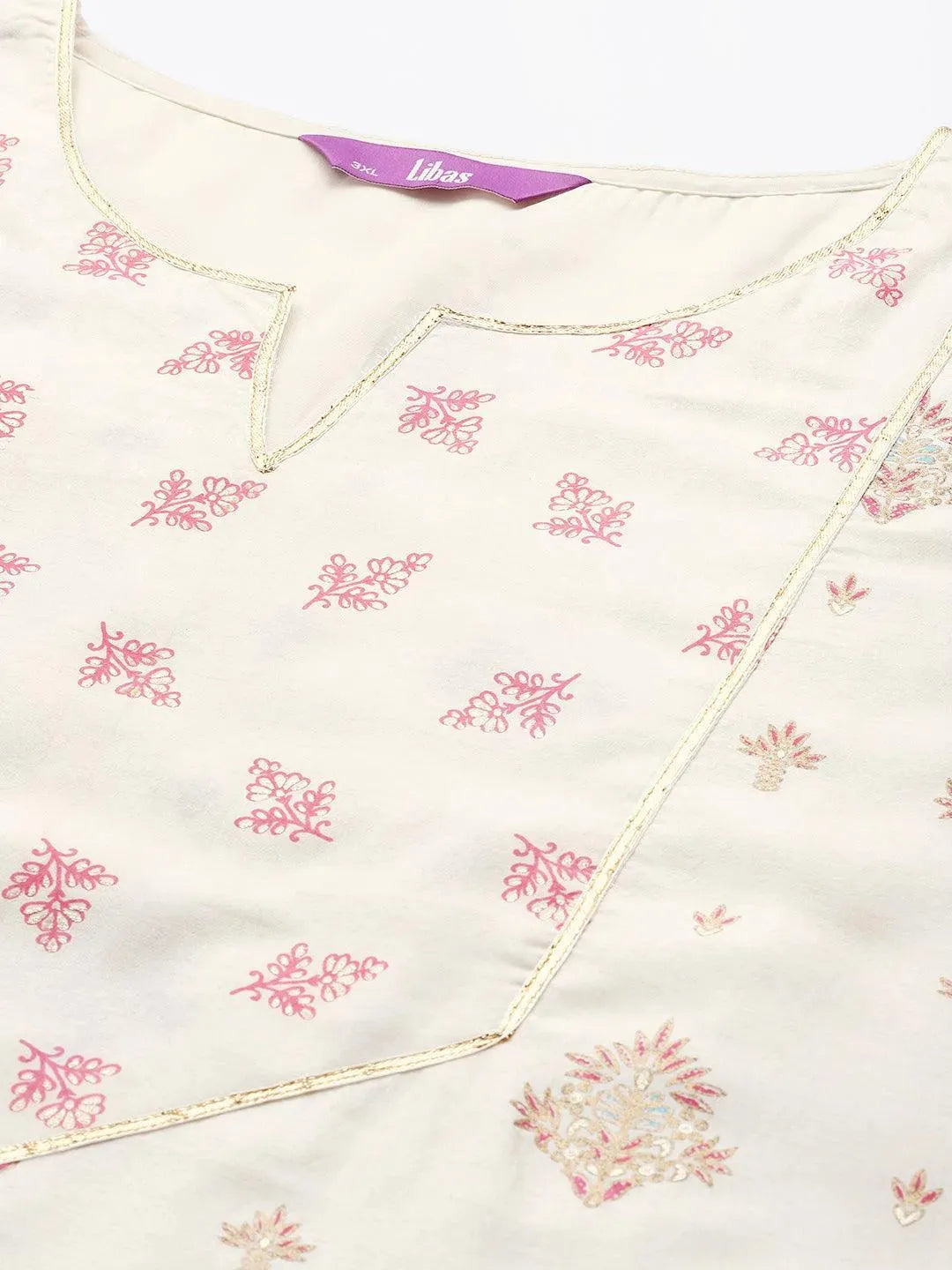 Plus Size Cream Yoke Design Silk Blend Suit Set - Libas 