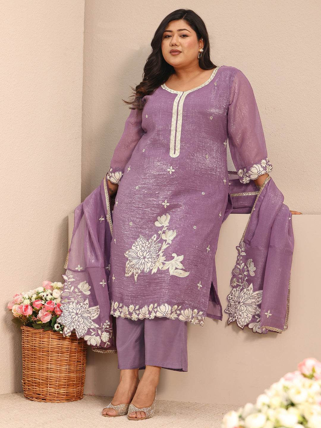 Plus Size Floral Embroidered Chinon Straight Suit Set With Dupatta