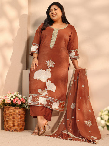 Plus Size Floral Embroidered Chinon Straight Suit Set With Dupatta