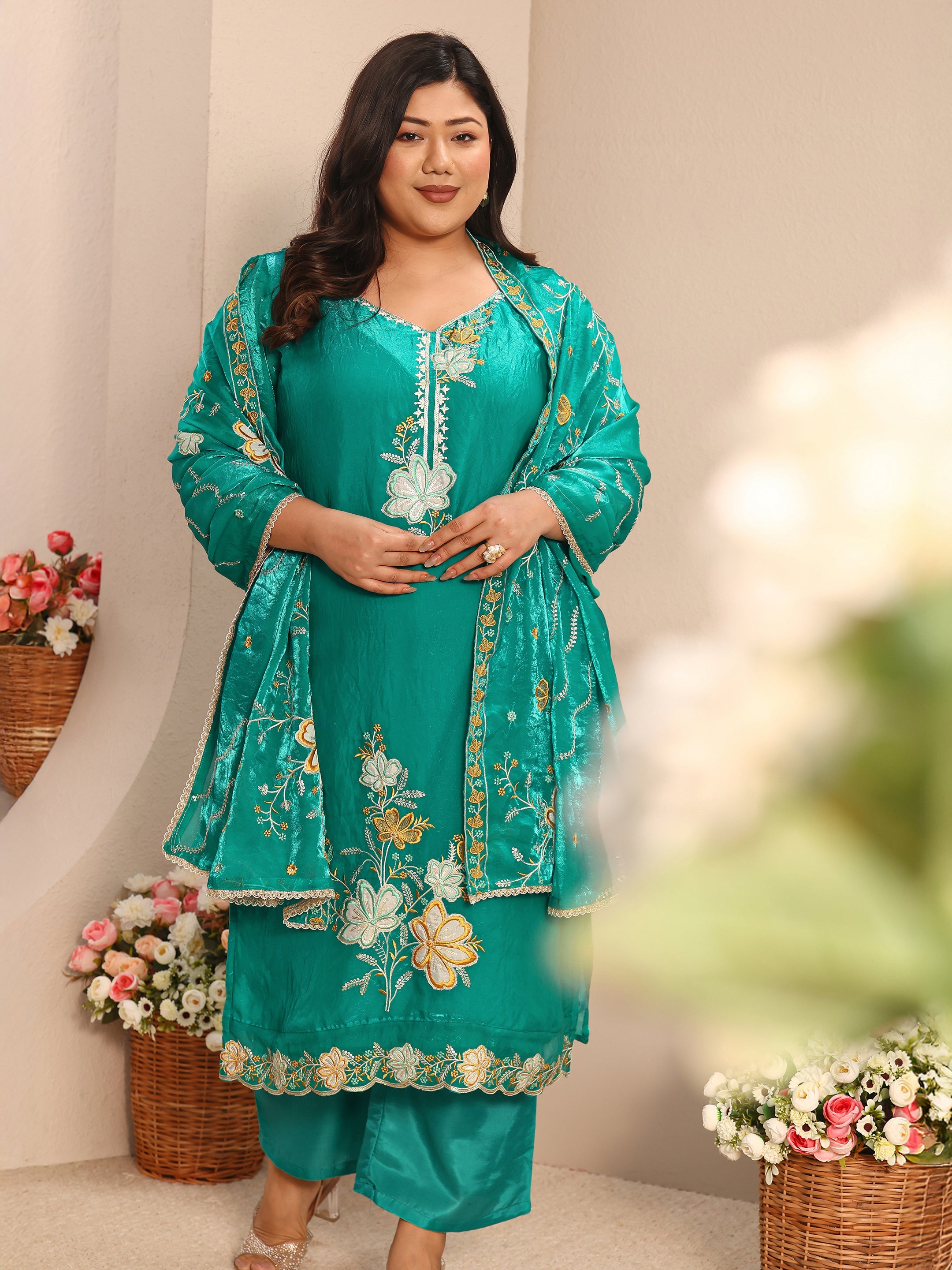 Plus Size Floral Embroidered Organza Straight Suit Set With Dupatta-image-4