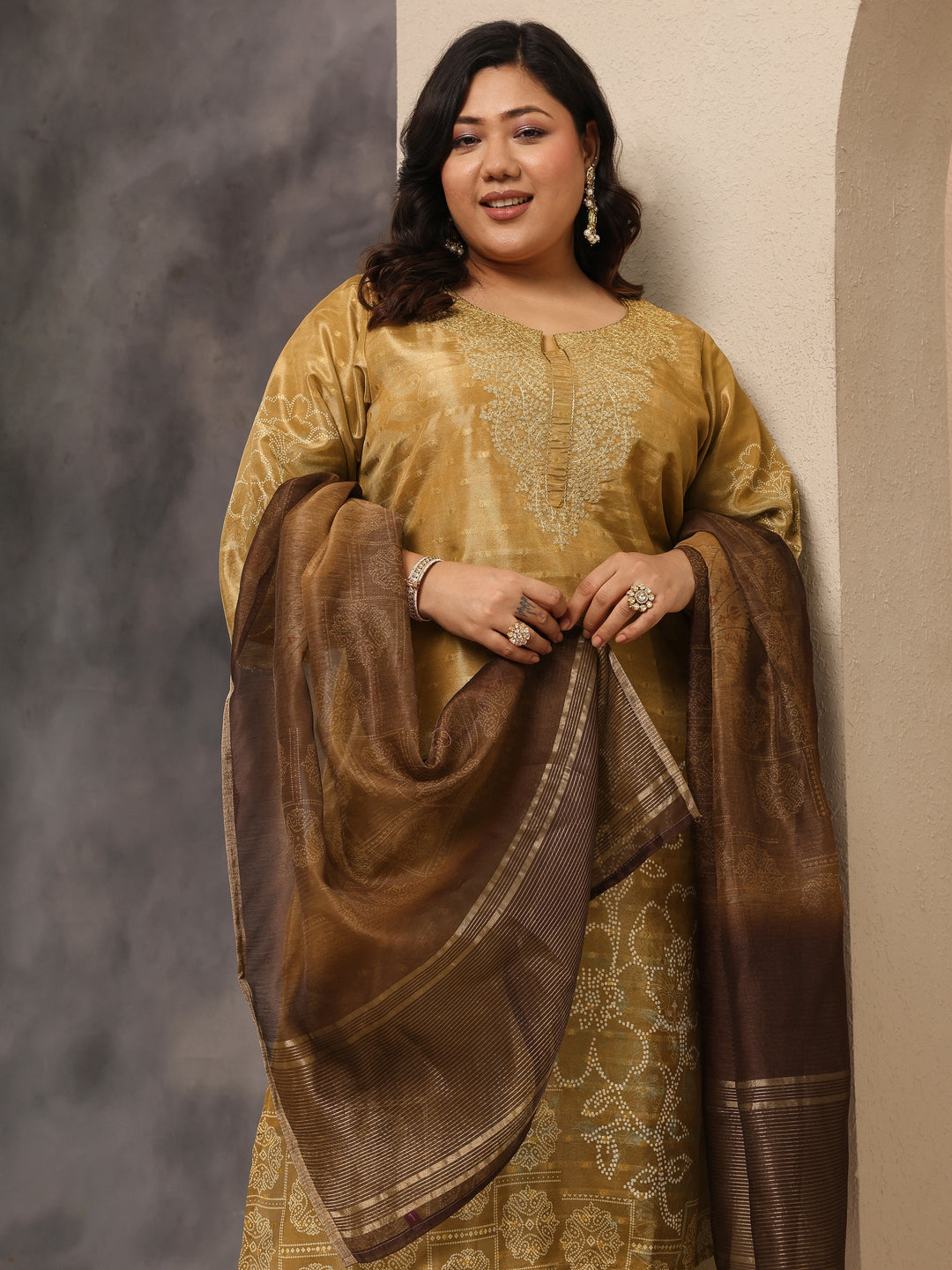 Plus Size Gold Bandhani Printed Silk blend Straight Suit Set With Dupatta
