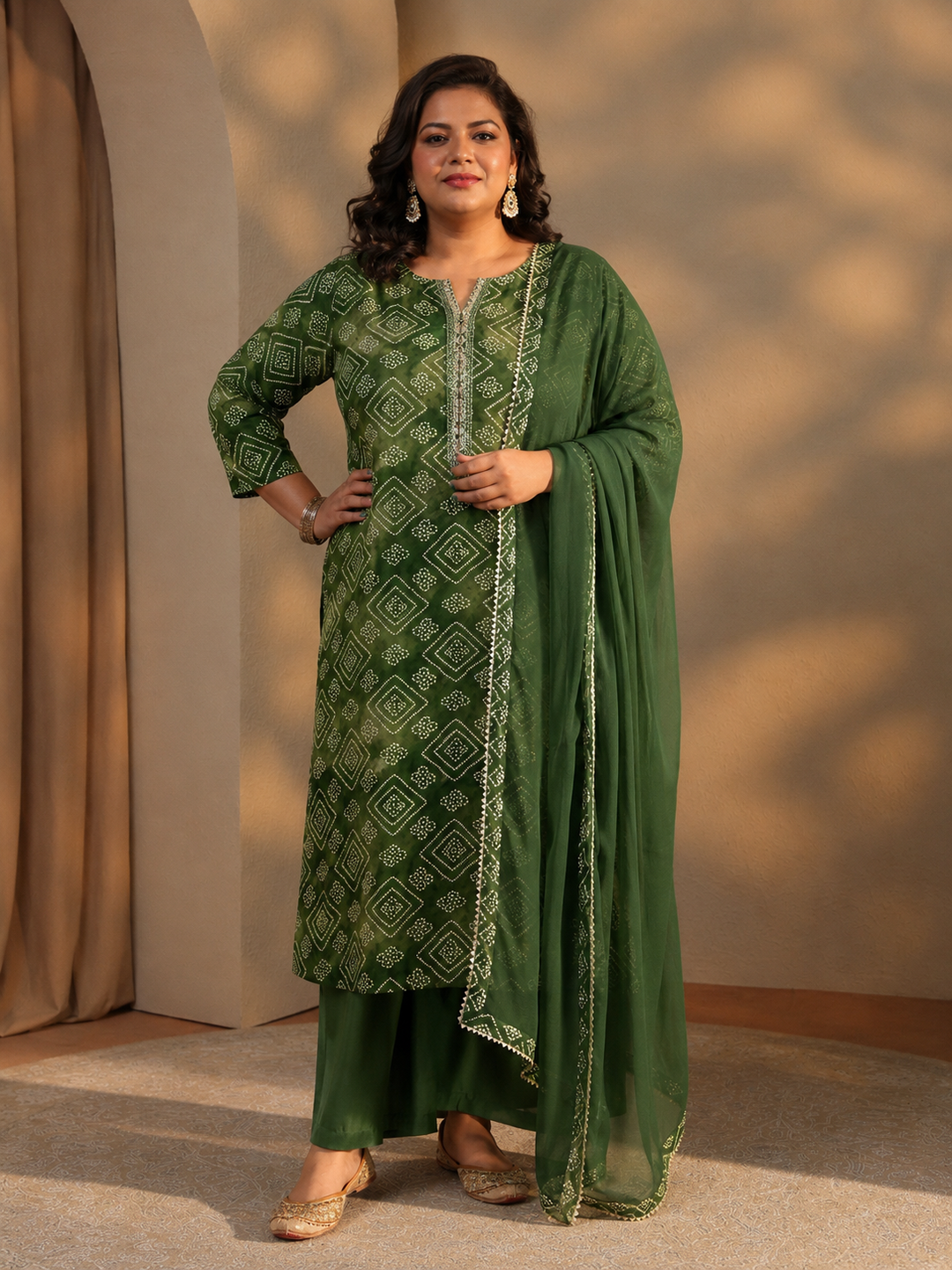  Plus Size Green Bandhani Printed Rayon Straight Suit Set 