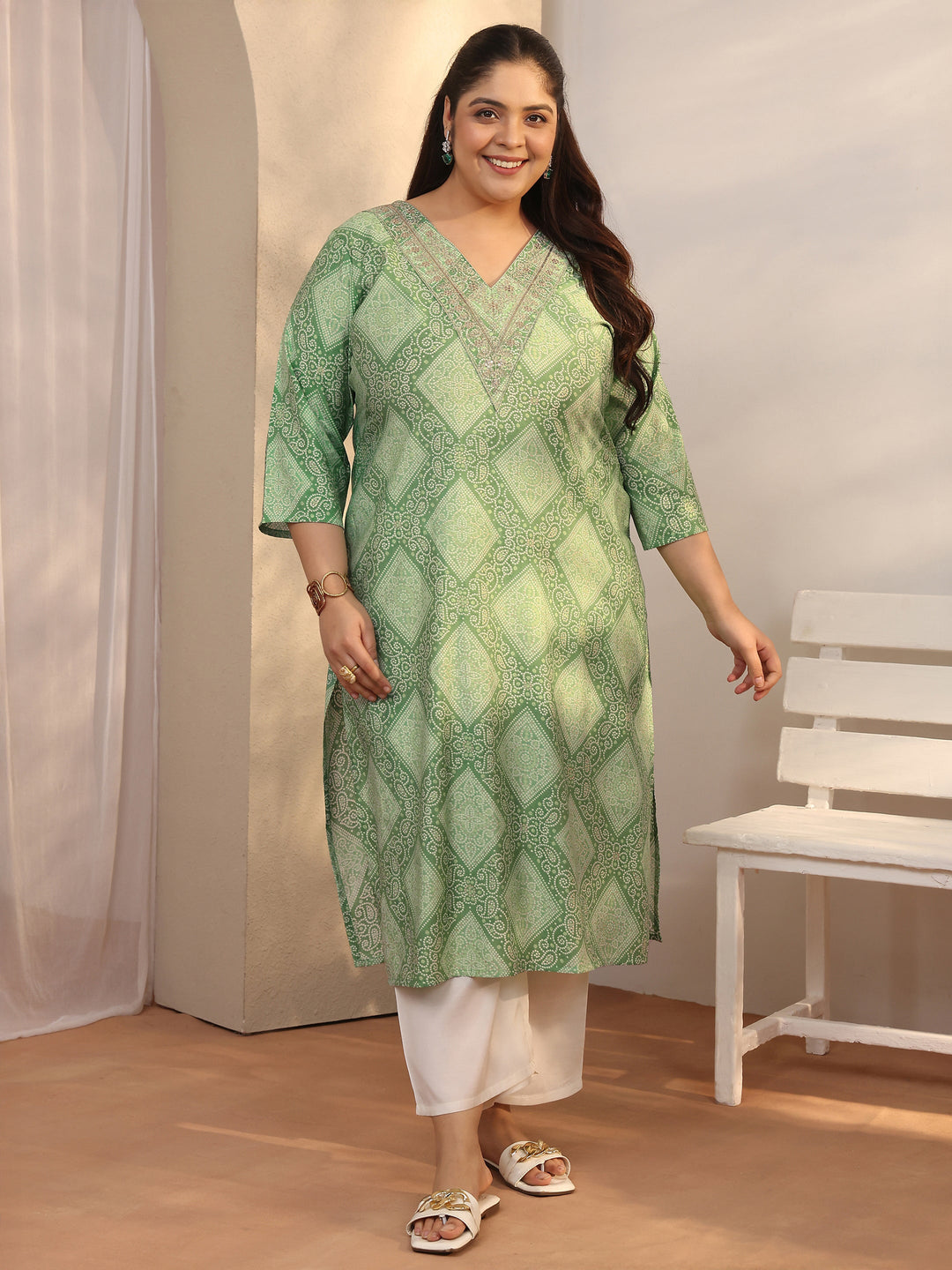Plus Size Green Bandhani Printed Silk Blend Straight Kurta