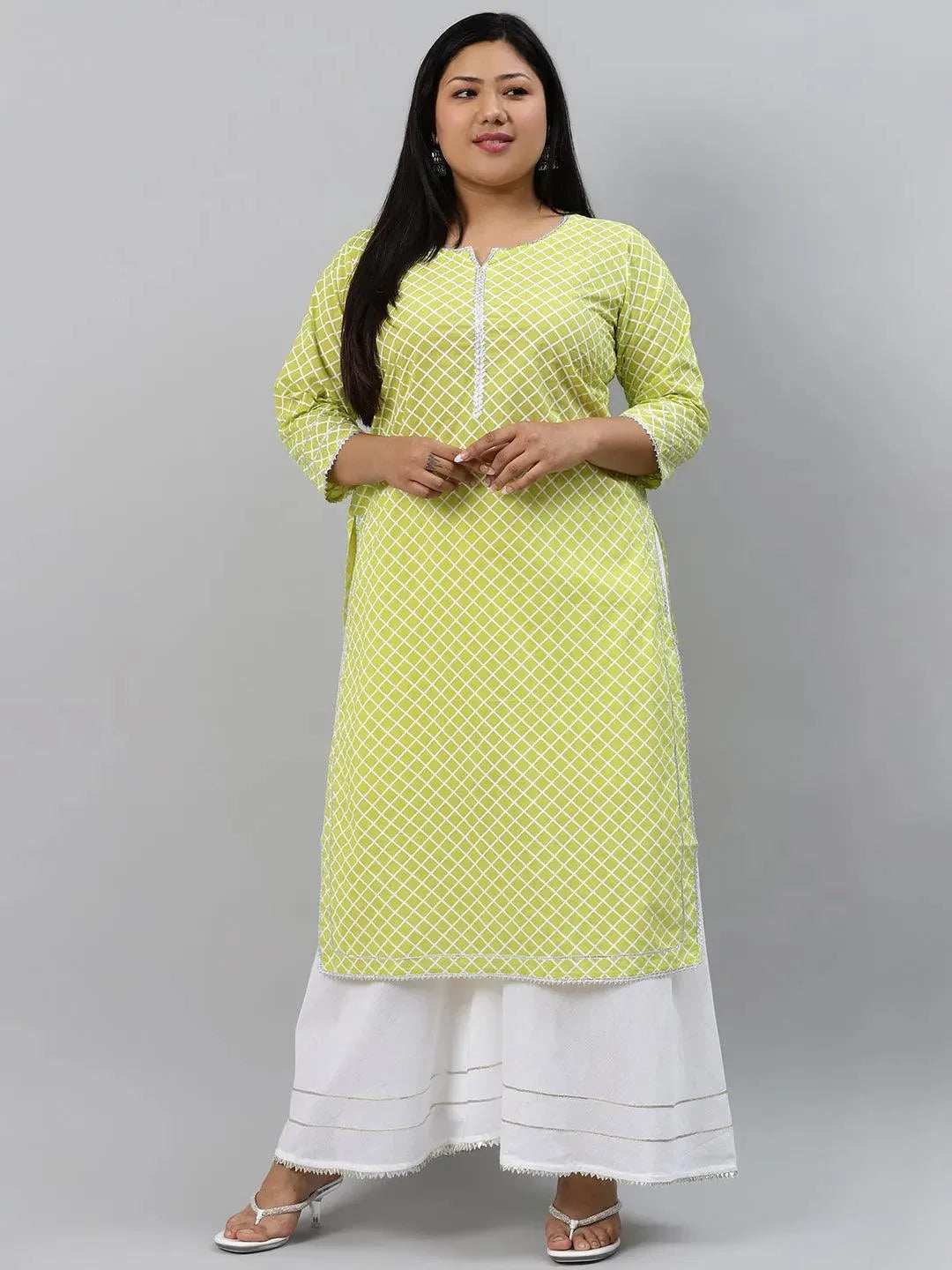  Plus Size Green Checkered Cotton Kurta 
