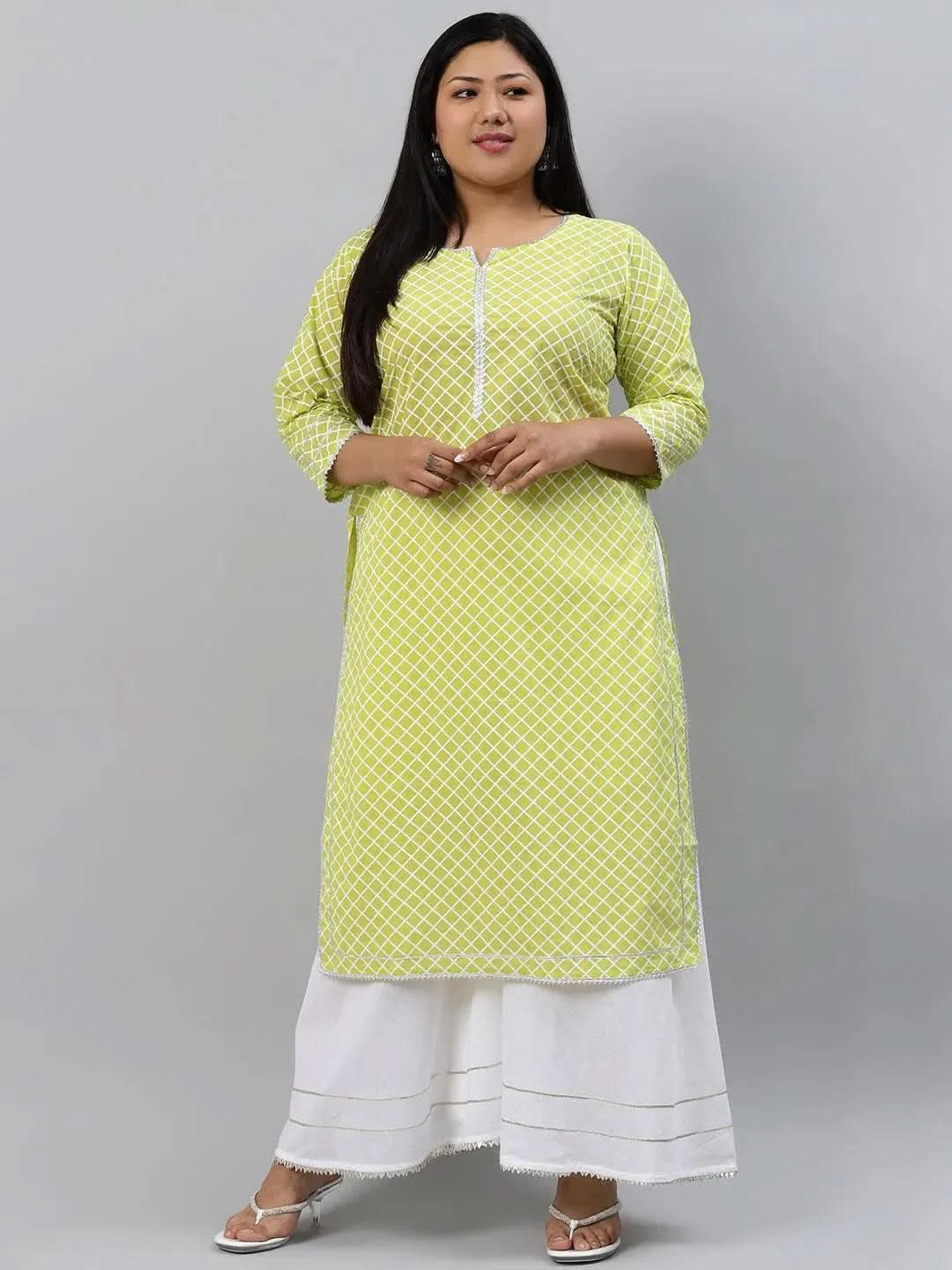  Plus Size Green Checkered Cotton Kurta 