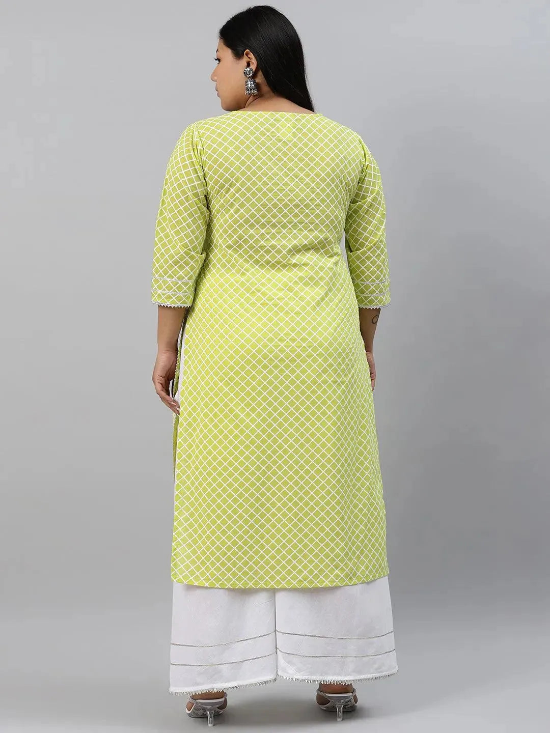 Plus Size Green Checkered Cotton Kurta - Libas 