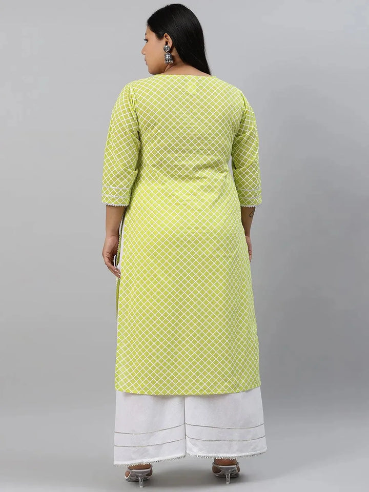 Plus Size Green Checkered Cotton Kurta - Libas