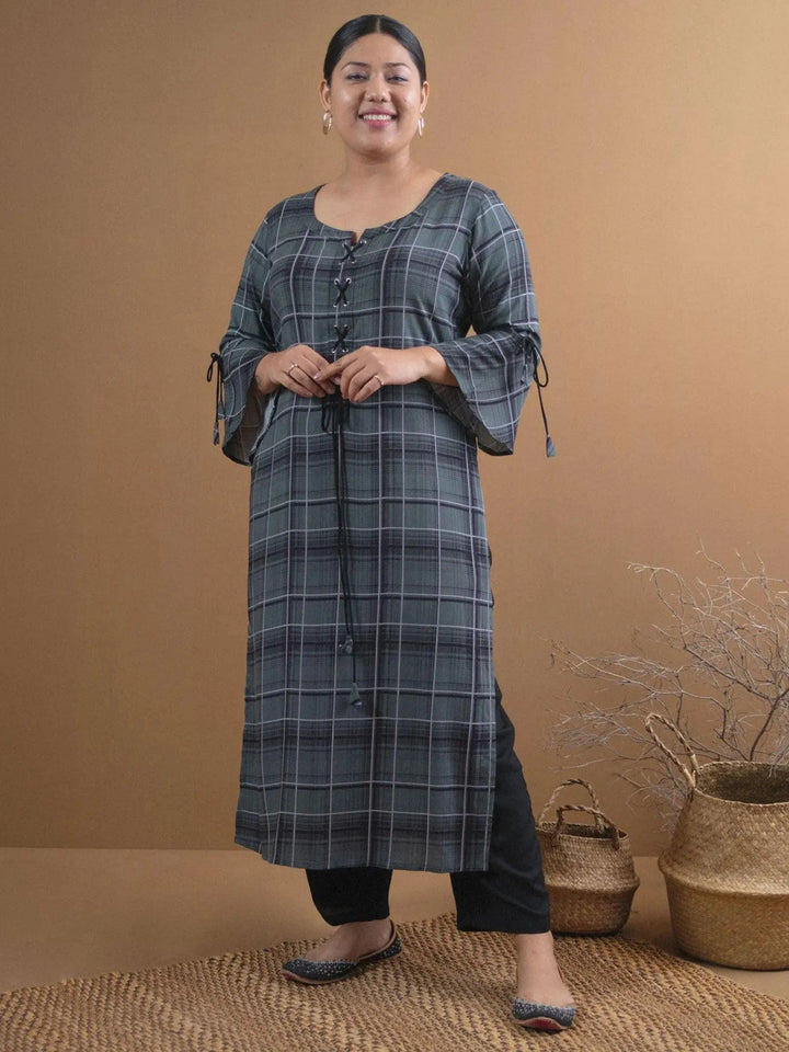 Plus Size Green Checkered Rayon Kurta - Libas