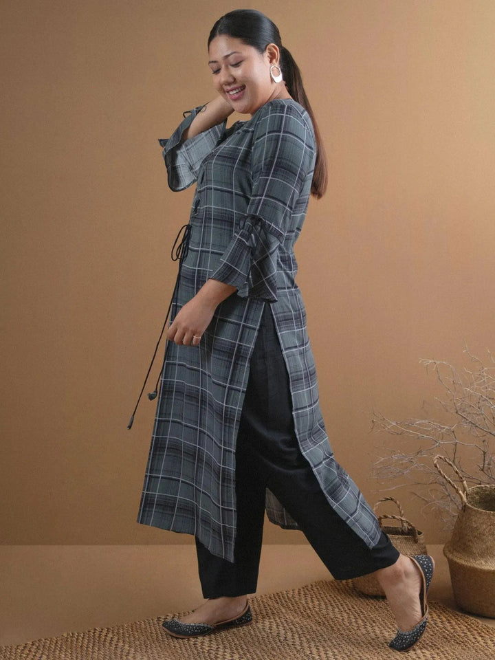 Plus Size Green Checkered Rayon Kurta - Libas