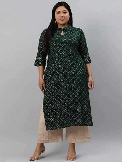 Plus Size Green Checkered Rayon Kurta - Libas