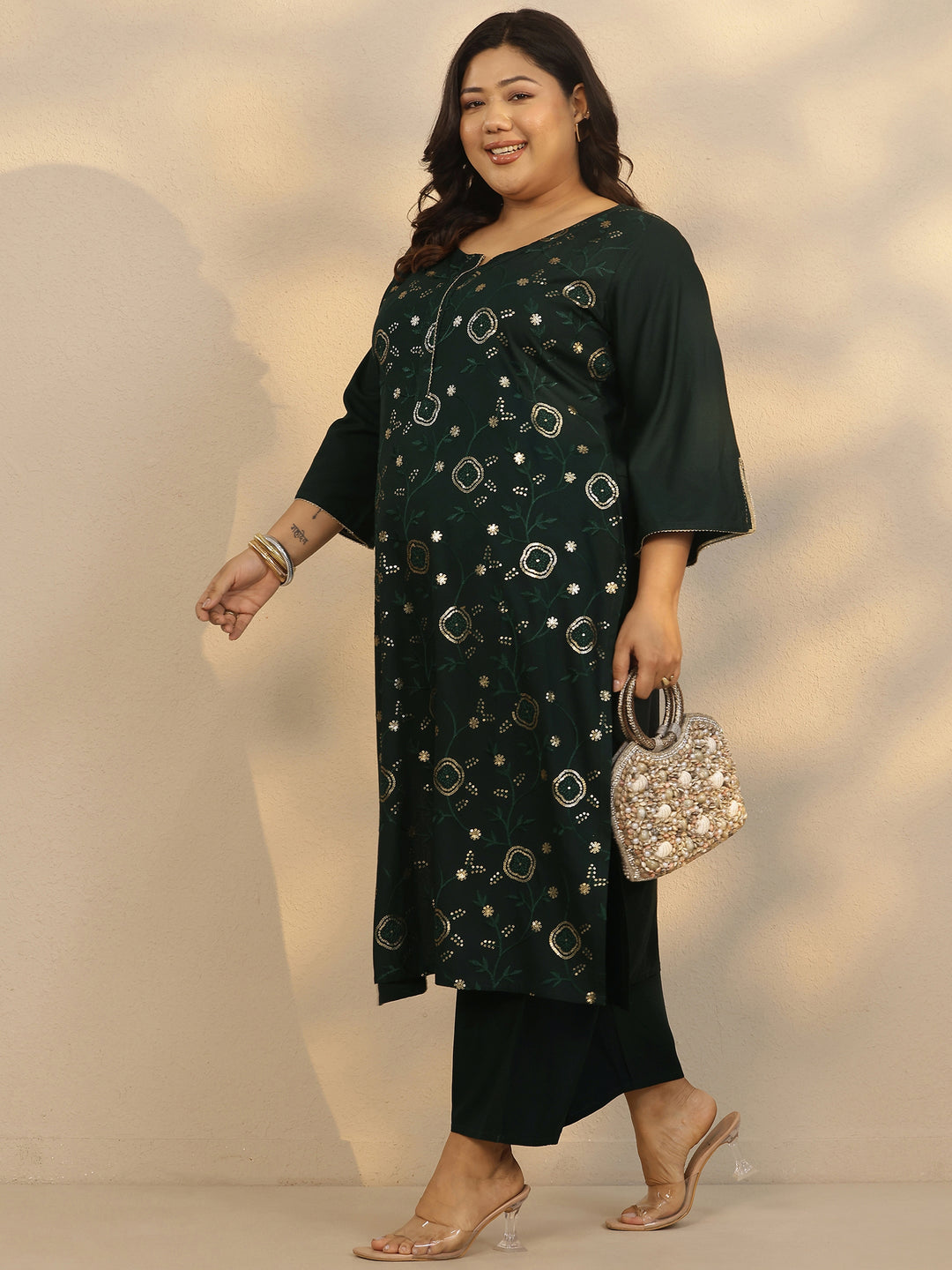  Plus Size Green Embellished Rayon Straight Kurta 