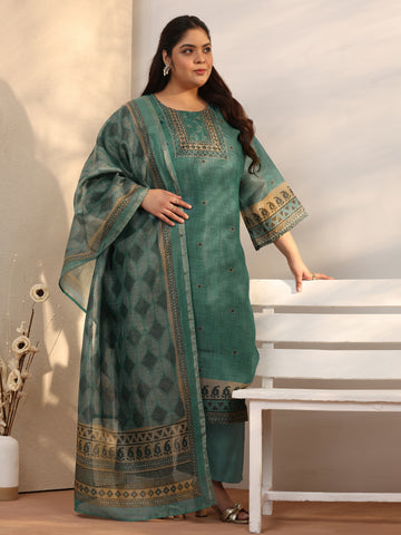 Plus Size Green Embellished Silk Blend Straight Suit Set With Dupatta