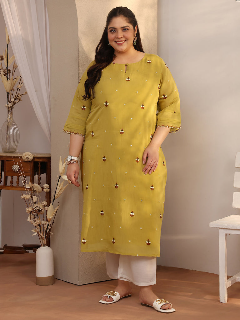 Plus Size Green Embroidered Chanderi Cotton Straight Kurta