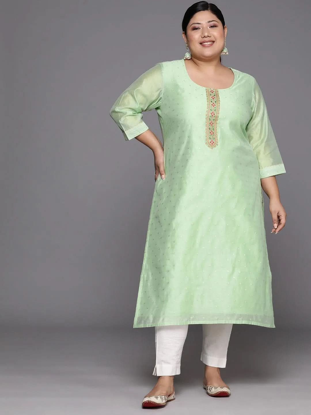 Plus Size Green Embroidered Chanderi Silk Straight Kurta - Libas 