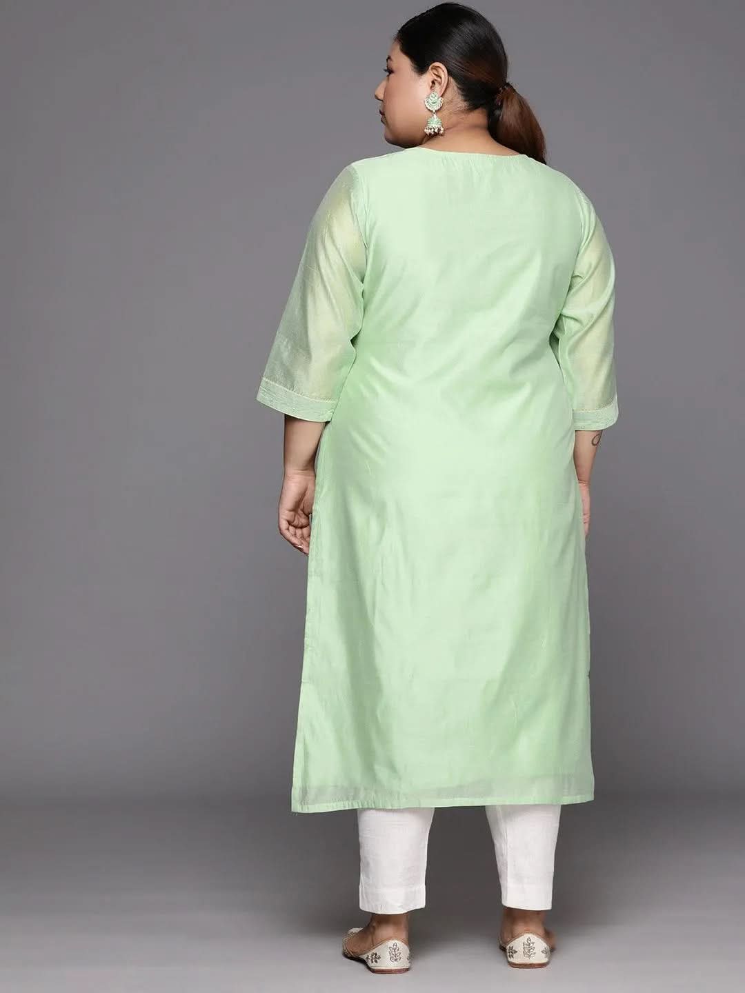 Plus Size Green Embroidered Chanderi Silk Straight Kurta - Libas 