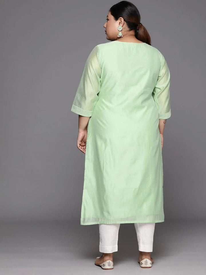 Plus Size Green Embroidered Chanderi Silk Straight Kurta - Libas