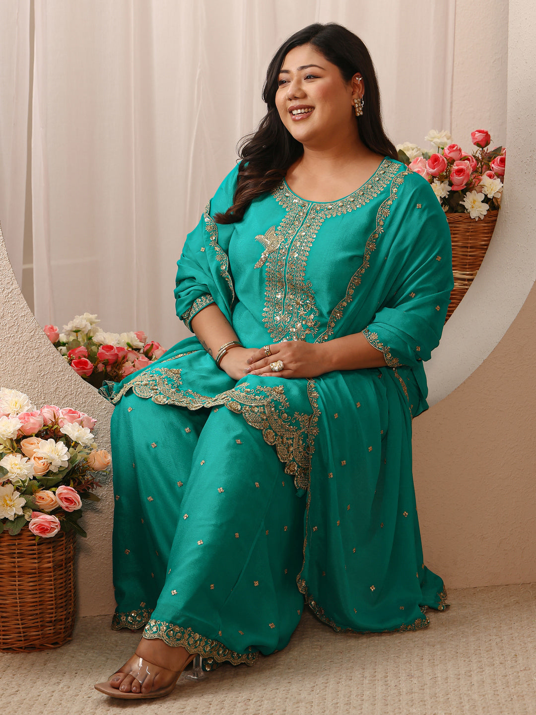 Plus Size Green Embroidered Chinon Straight Suit Set With Dupatta