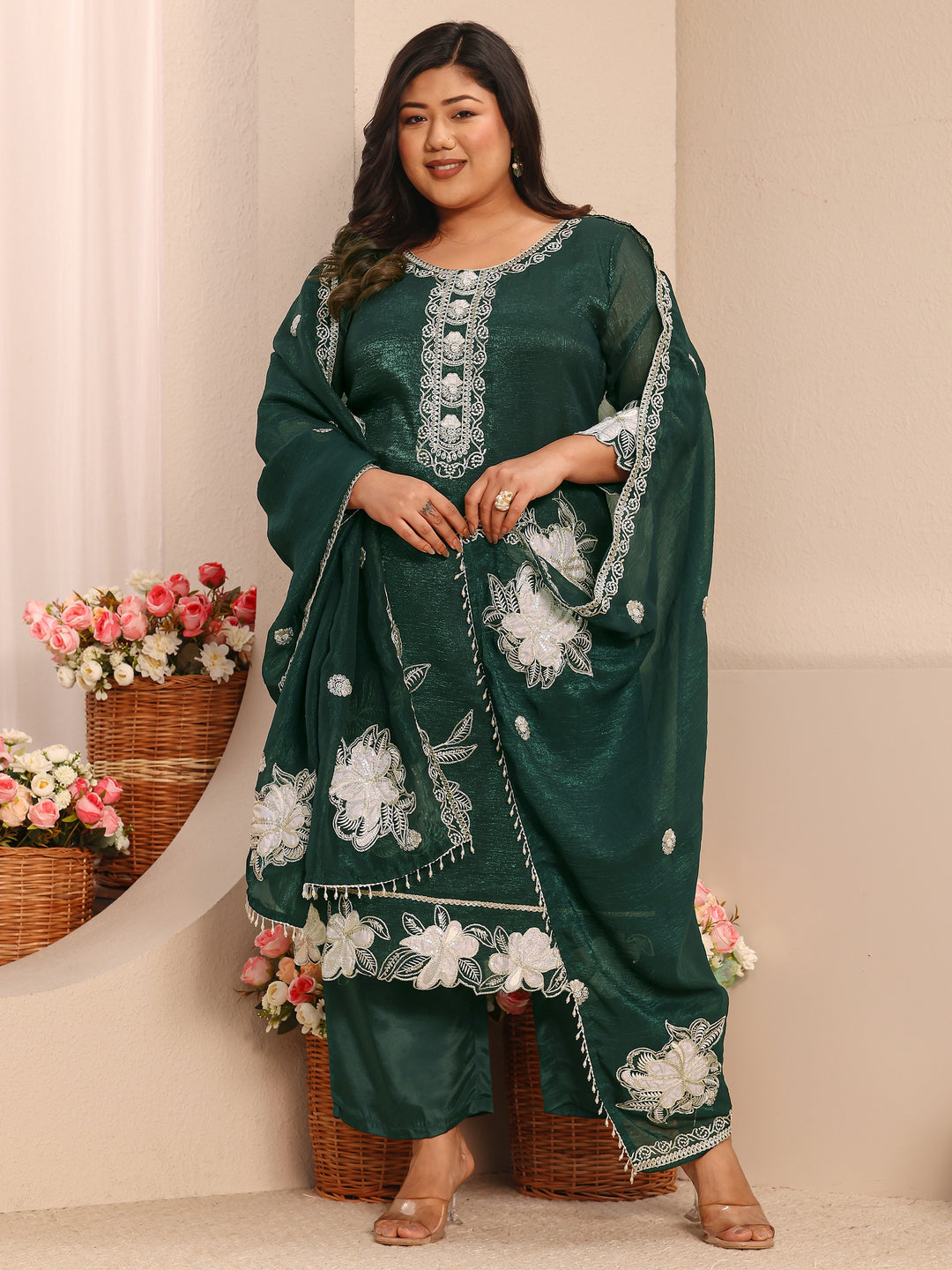 Plus Size Green Embroidered Chinon Straight Suit Set With Dupatta