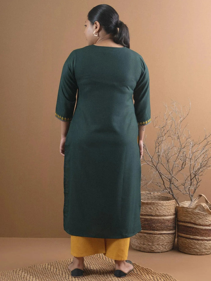 Plus Size Green Embroidered Cotton Kurta - Libas