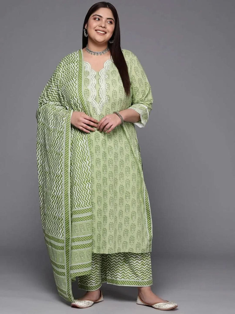 Plus Size Green Embroidered Cotton Straight Kurta With Trousers & Dupatta