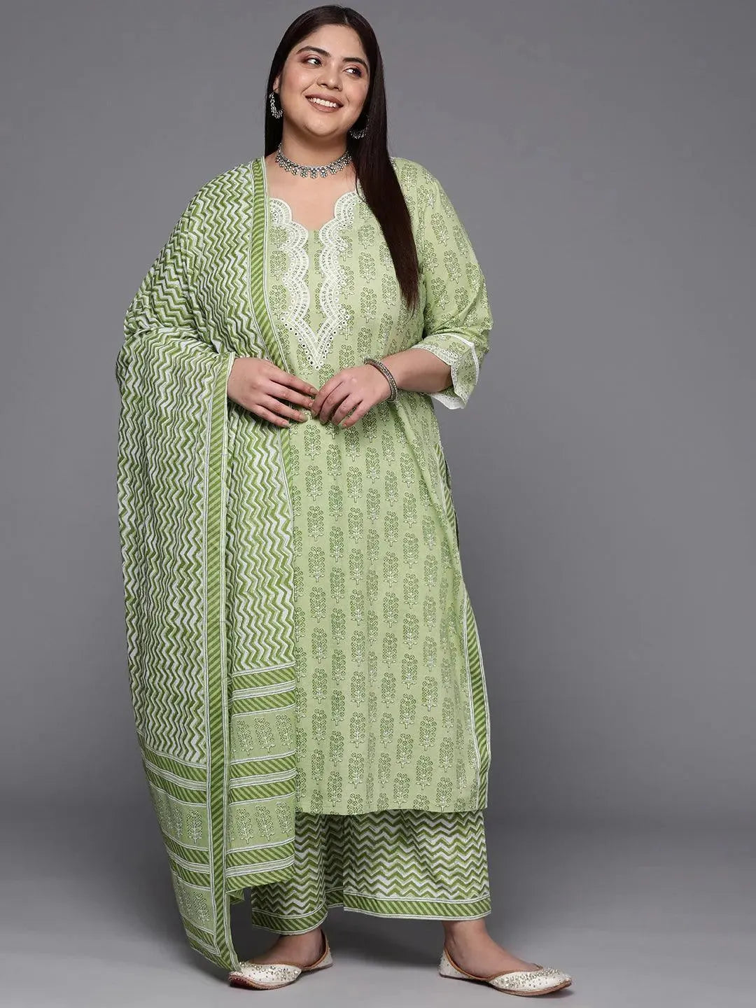 Plus Size Green Embroidered Cotton Suit Set With Trousers - Libas