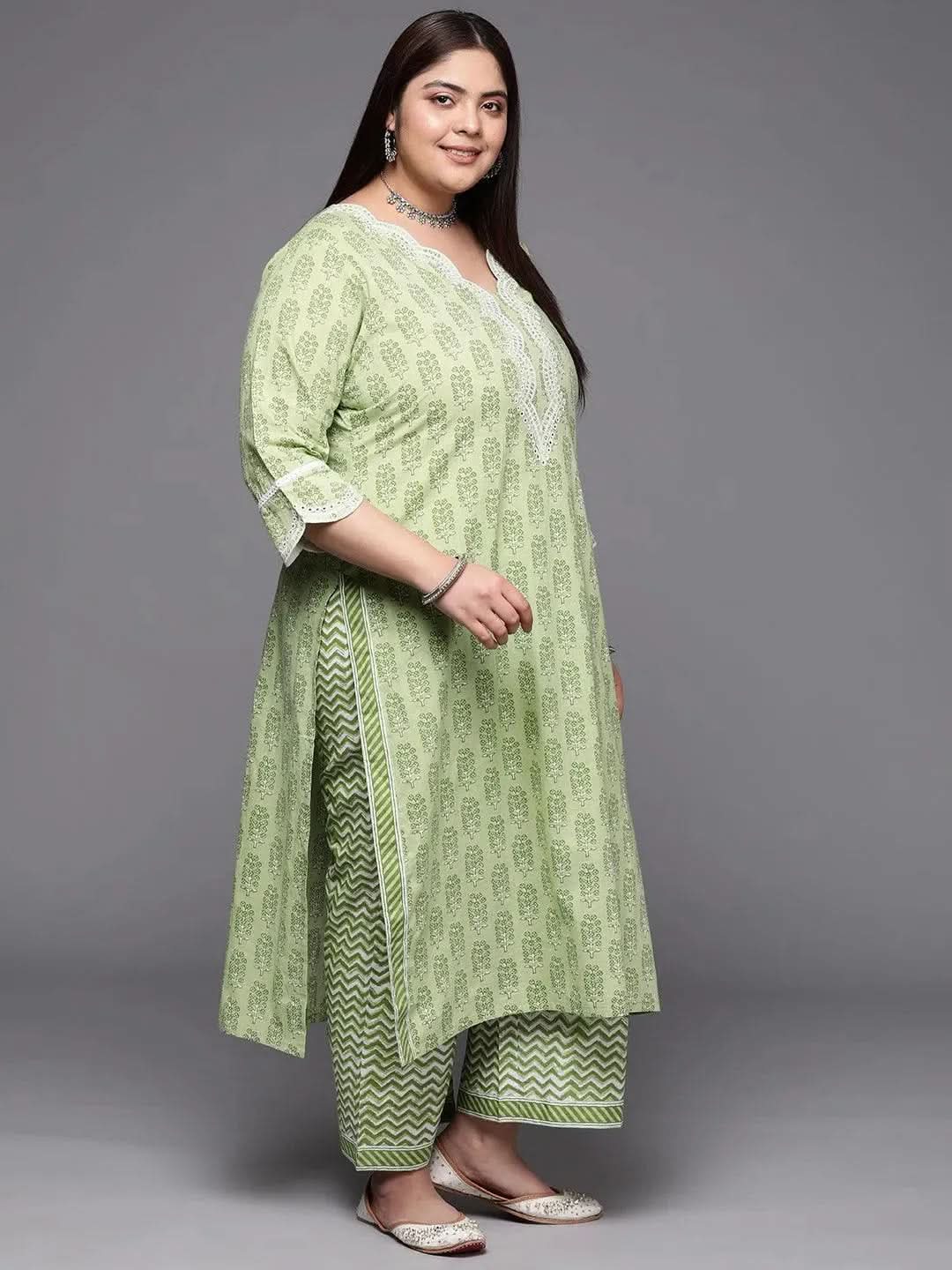 Plus Size Green Embroidered Cotton Suit Set With Trousers - Libas 