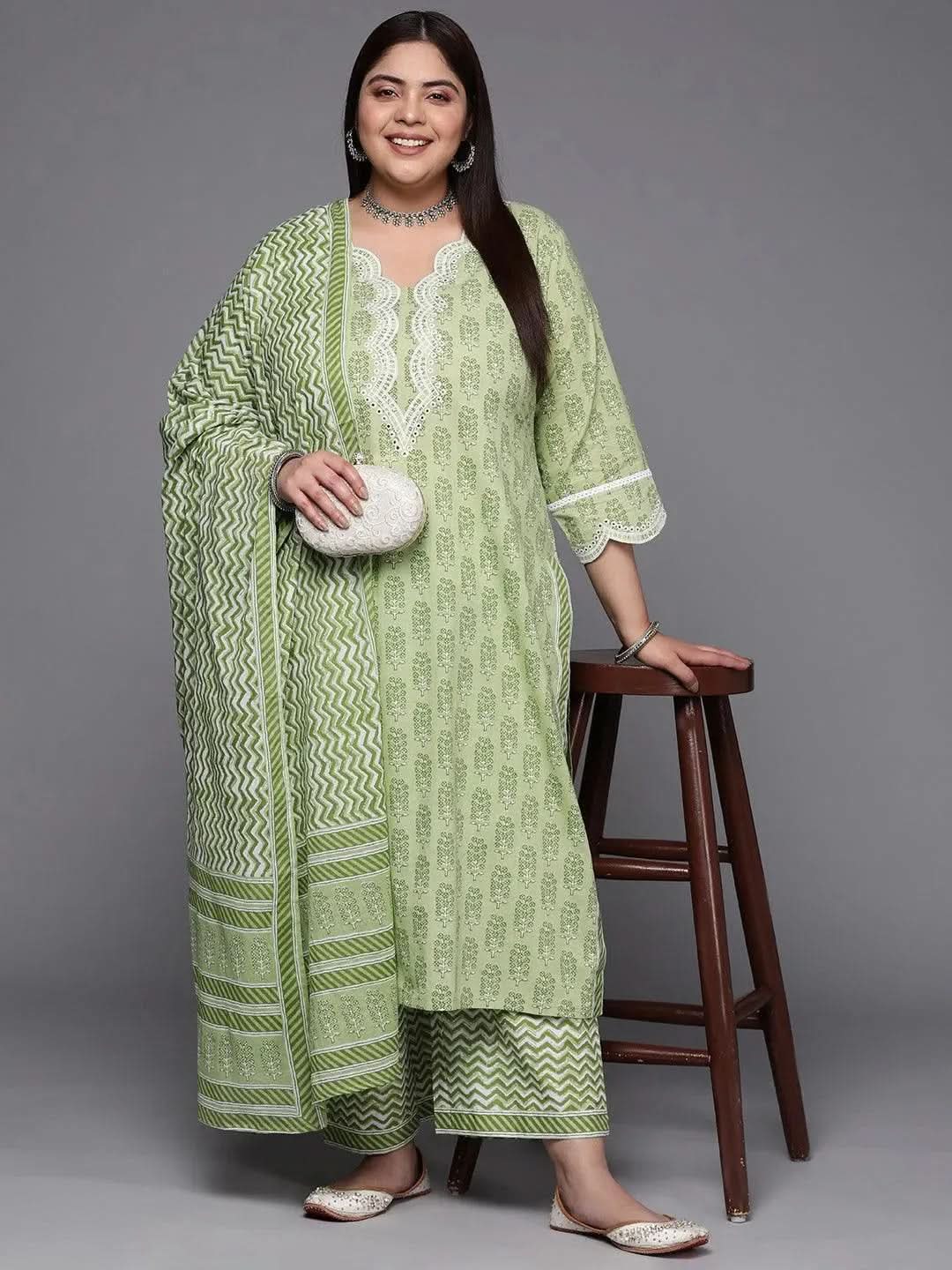 Plus Size Green Embroidered Cotton Suit Set With Trousers - Libas 