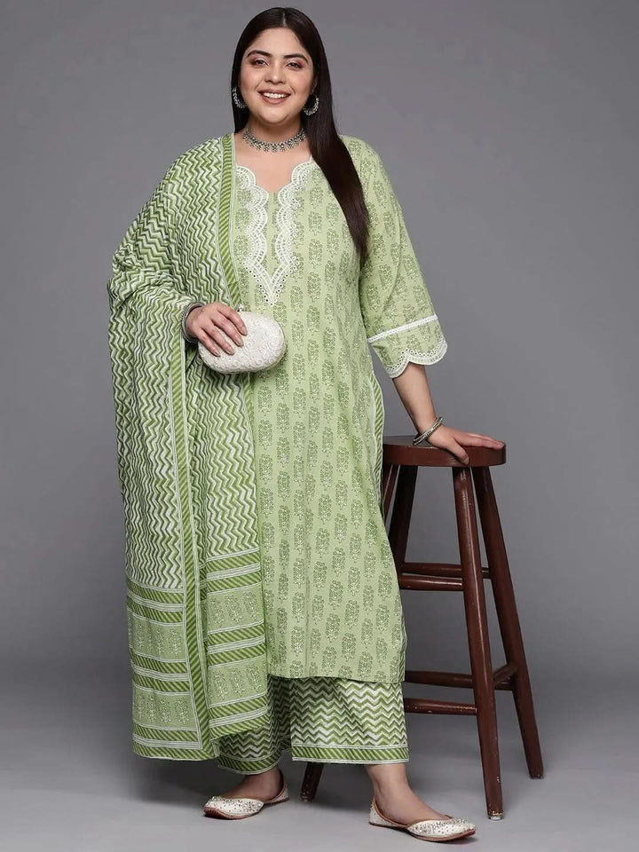 Plus Size Green Embroidered Cotton Suit Set With Trousers - Libas