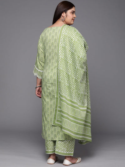Plus Size Green Embroidered Cotton Suit Set With Trousers - Libas