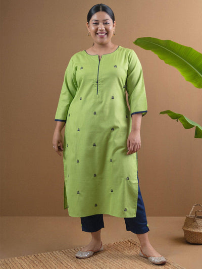 Plus Size Green Embroidered Cotton Kurta Set - Libas