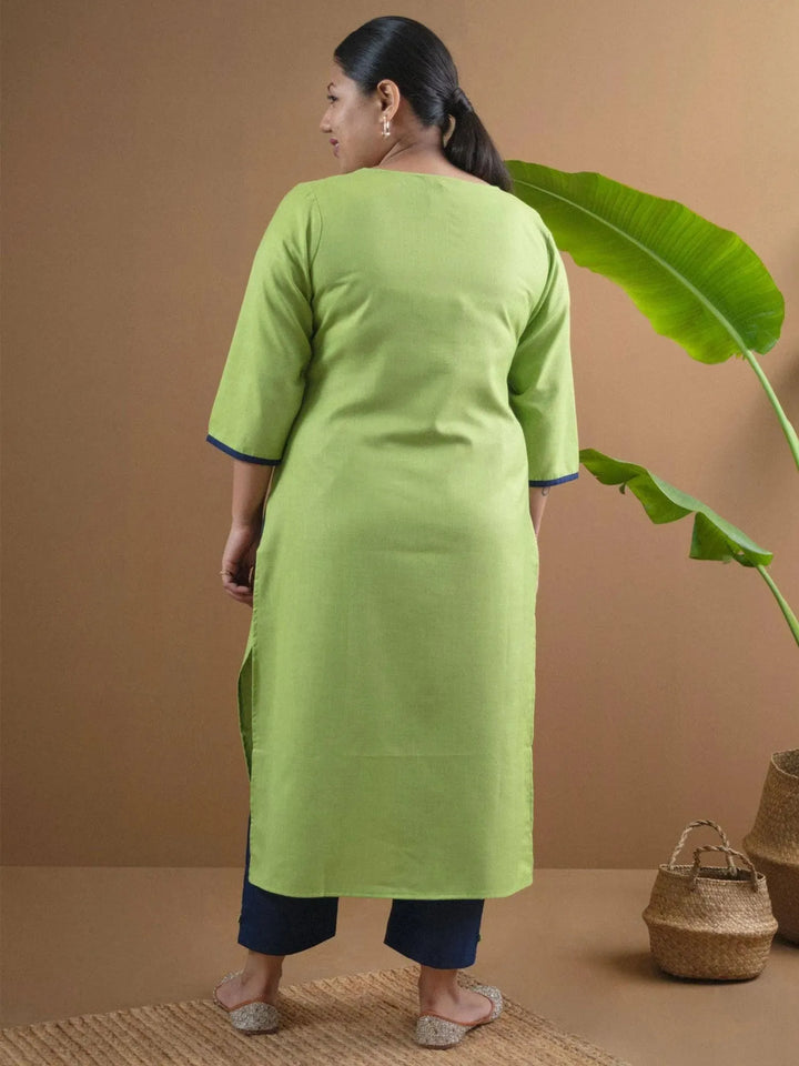 Plus Size Green Embroidered Cotton Kurta Set - Libas