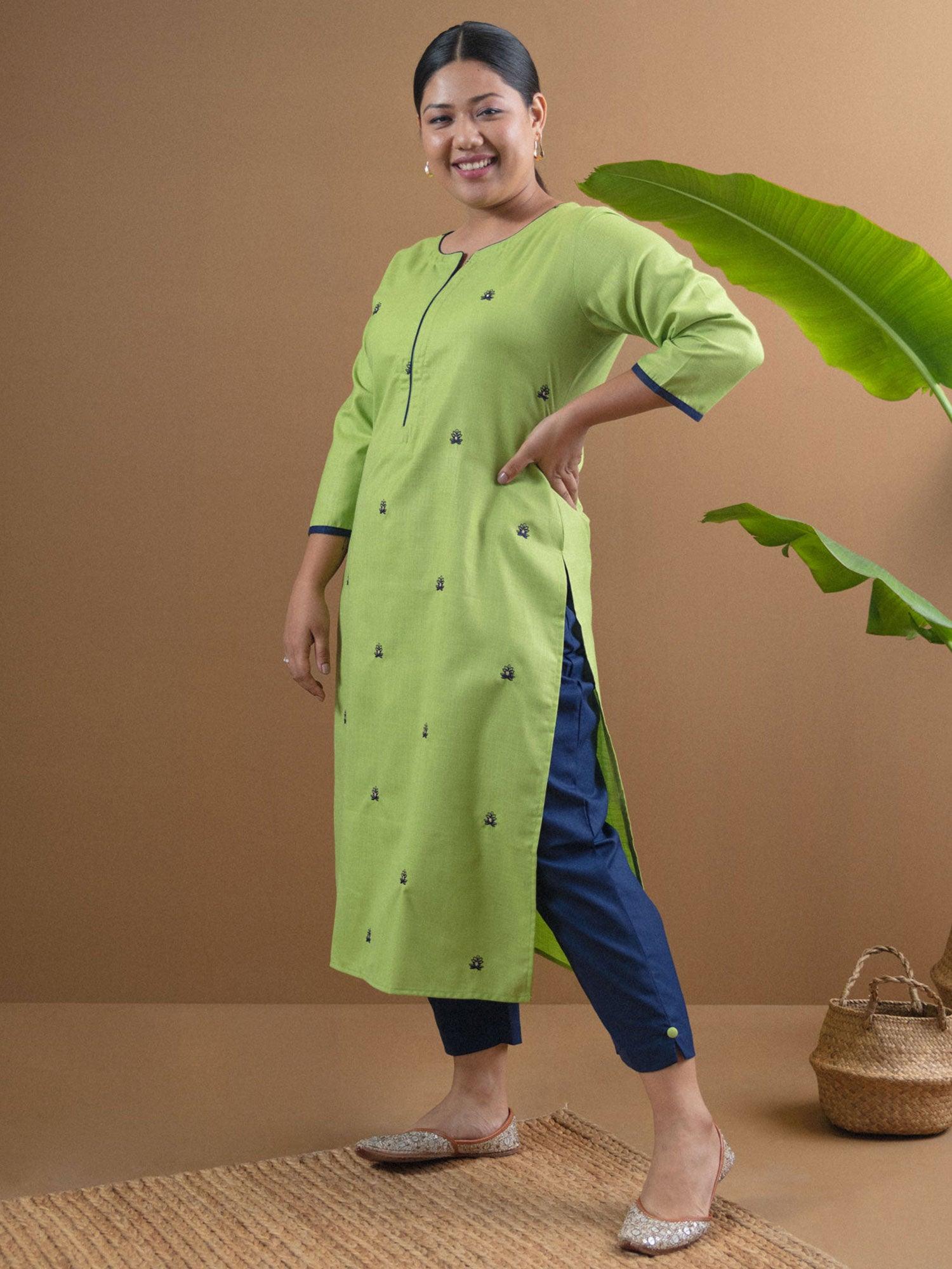 Plus Size Green Embroidered Cotton Straight Kurta With Trousers