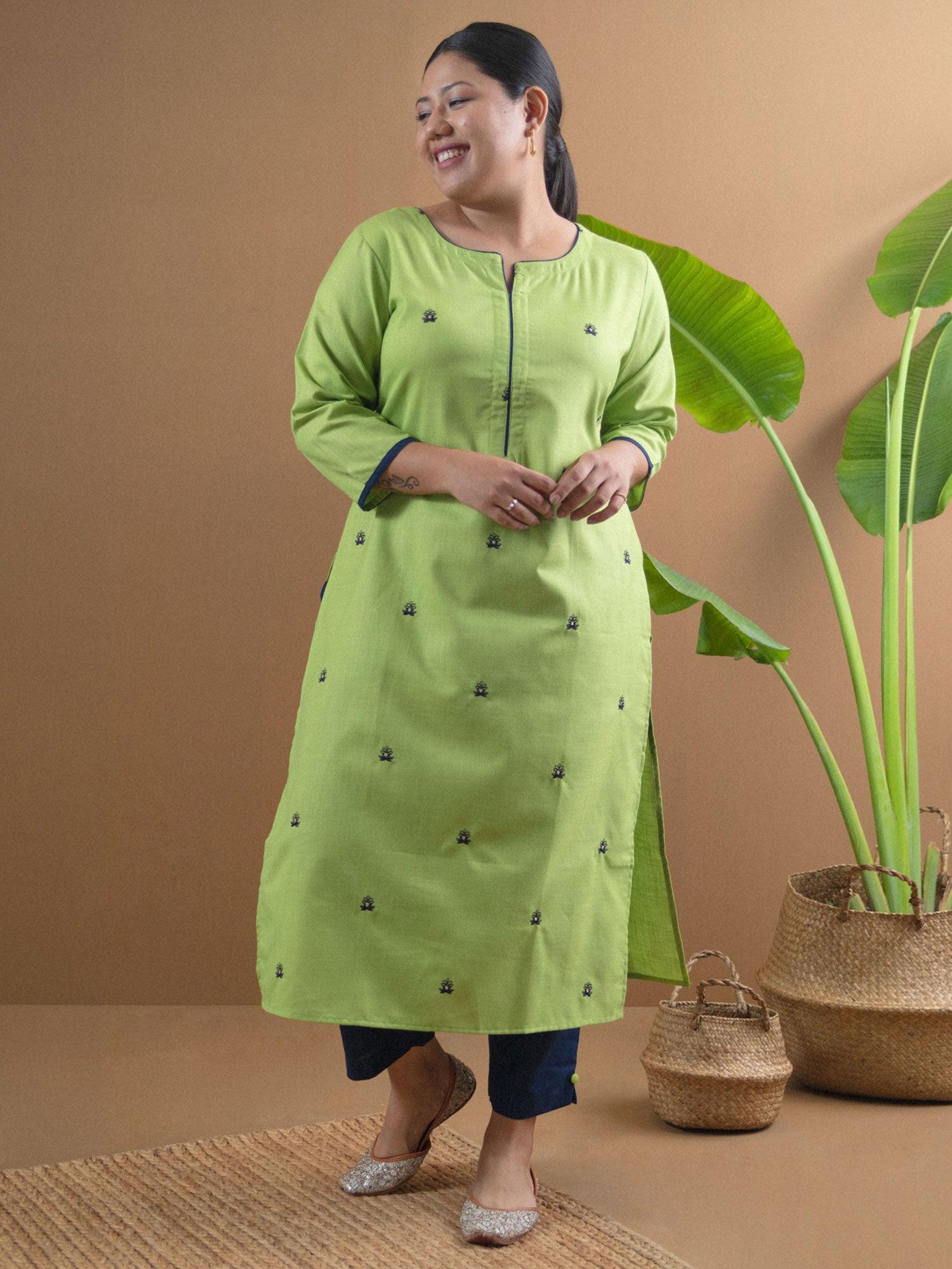Plus Size Green Embroidered Cotton Straight Kurta With Trousers
