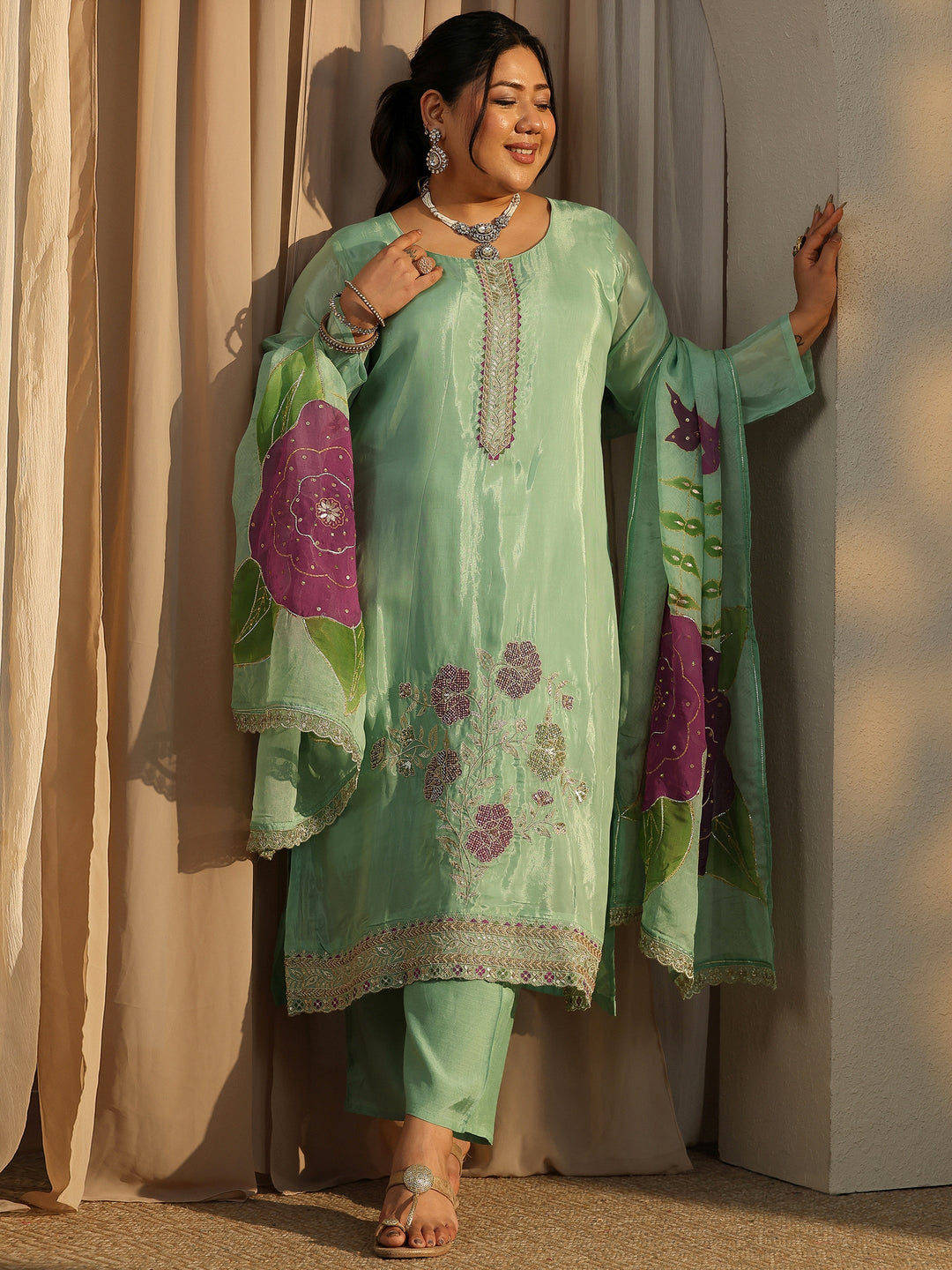 Plus Size Green Embroidered Crepe Straight Suit Set With Dupatta