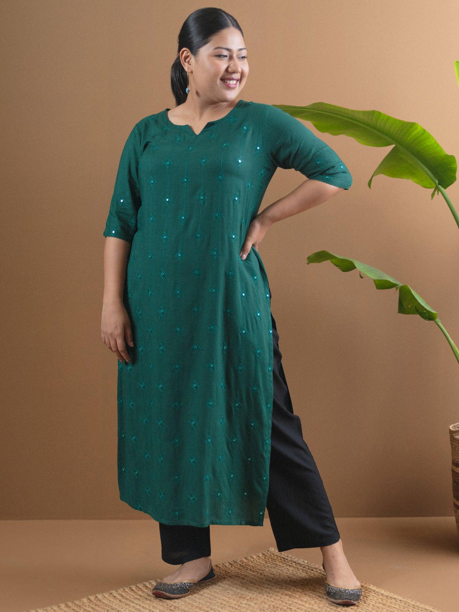 Plus Size Green Embroidered Rayon Kurta