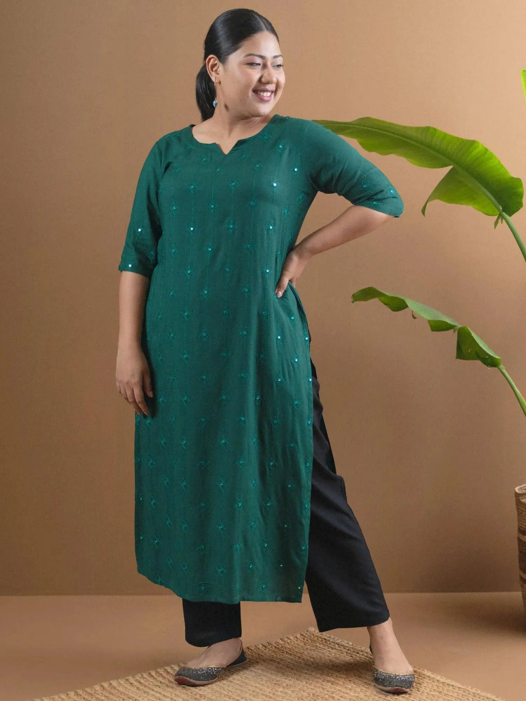 Plus Size Green Embroidered Rayon Kurta - Libas 